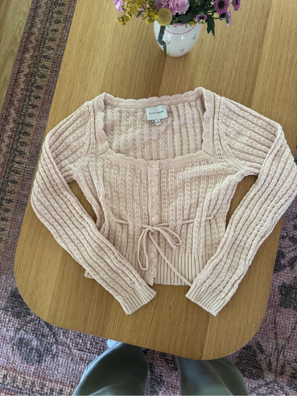 Pink Rose Pale Pink Cable-Knit Tie-Waist Cardigan